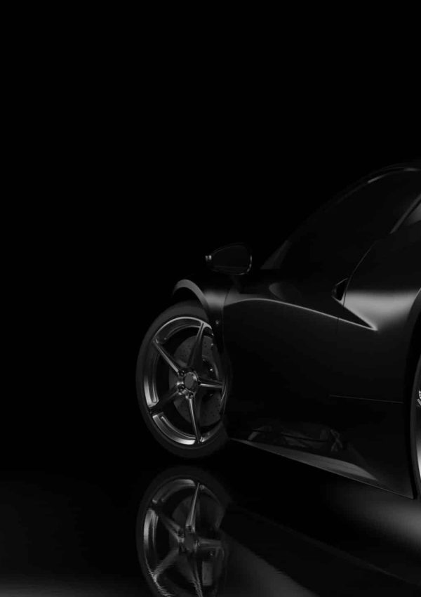 Dark background with car silhouette on right side. 3d Illustration